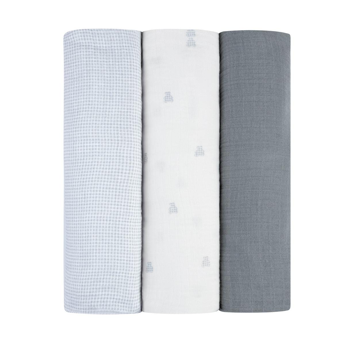 Ely's & Co. 3 Pack Muslin Swaddles - Gingham Bear Collection - Blue