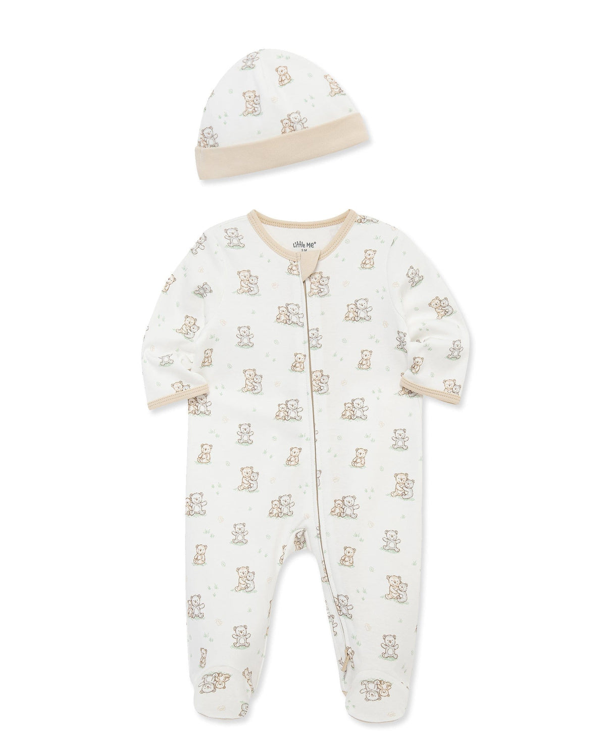 Little Me Fuzzy Bears 2-Way-Zip Footed One-Piece and Hat - White