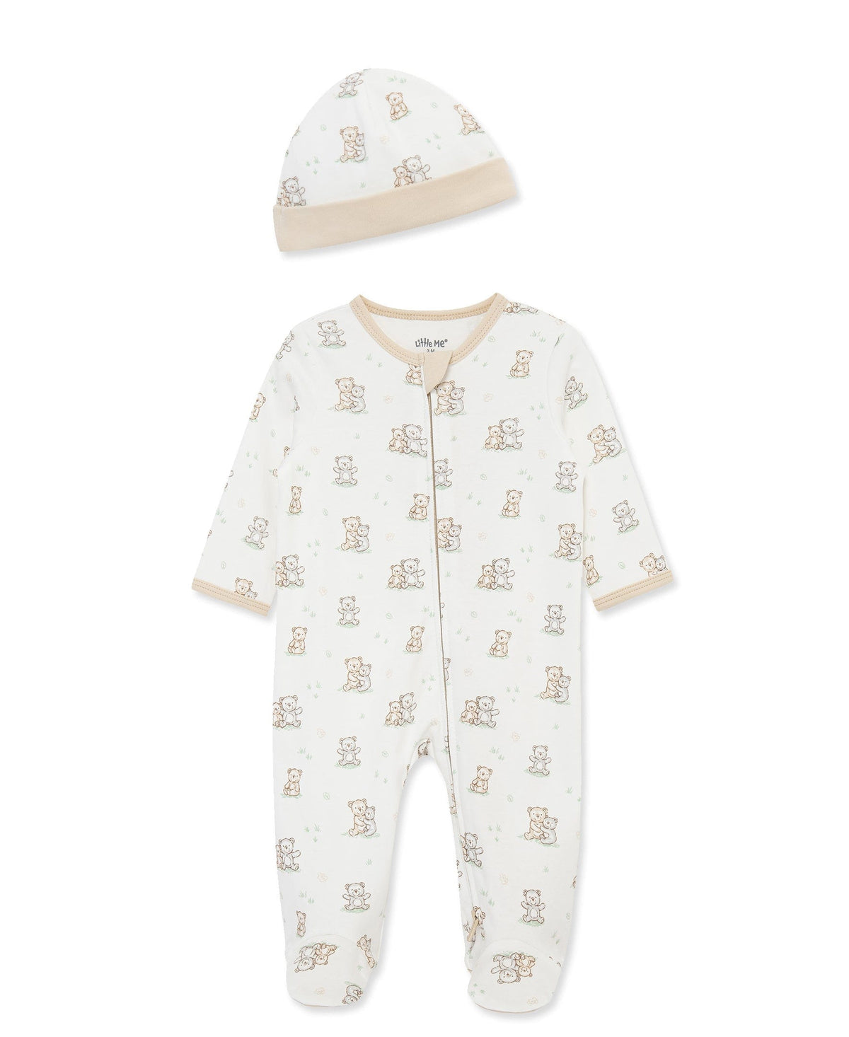 Little Me Fuzzy Bears 2-Way-Zip Footed One-Piece and Hat - White