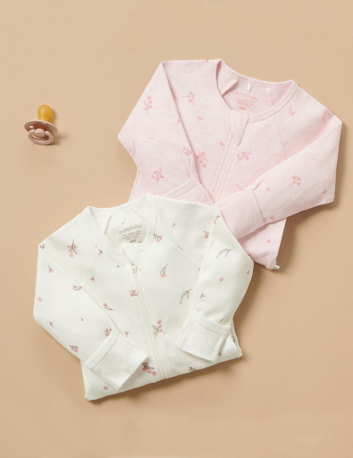 Purebaby 2 Pack Zip Growsuit - Pale Pink Blossom, 0-3M