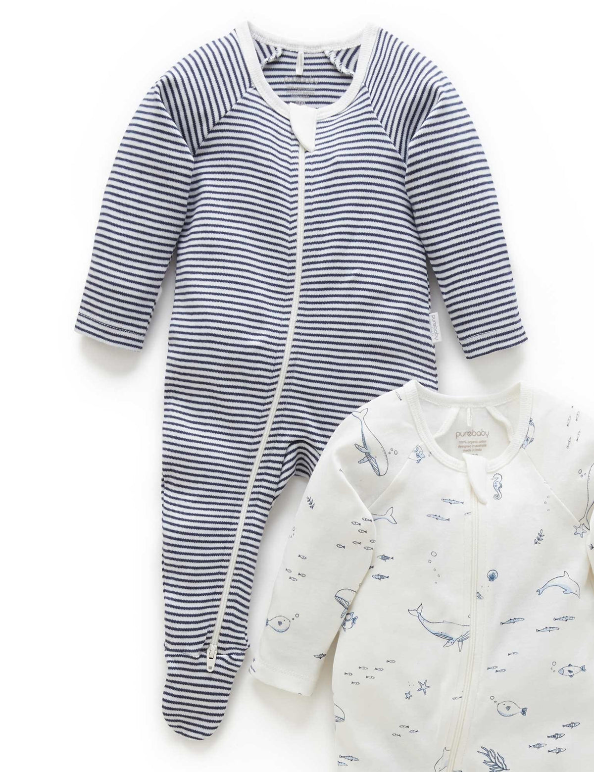Purebaby 2 Pack Zip Growsuit - Vanilla Nautical, 0-3M