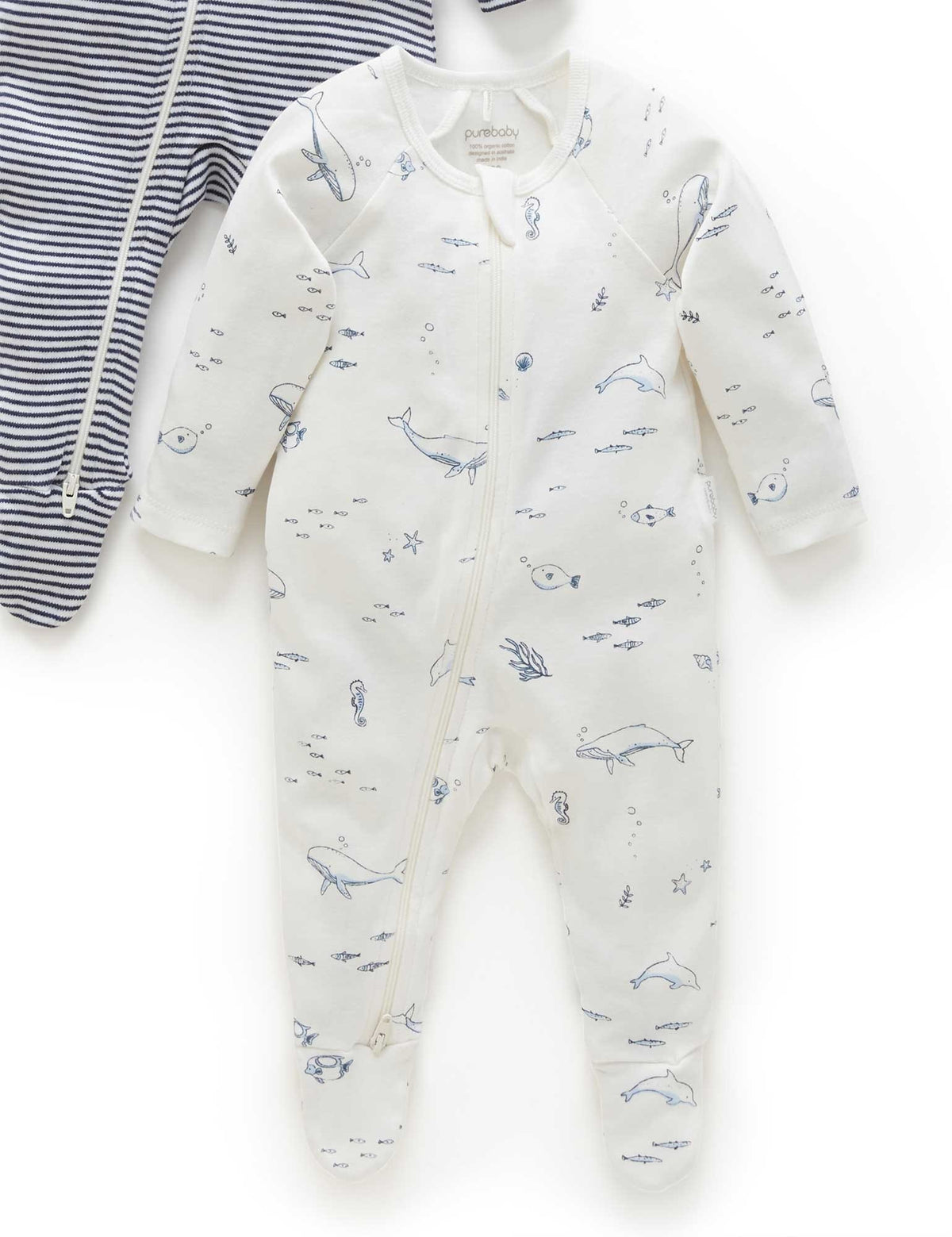Purebaby 2 Pack Zip Growsuit - Vanilla Nautical, NB