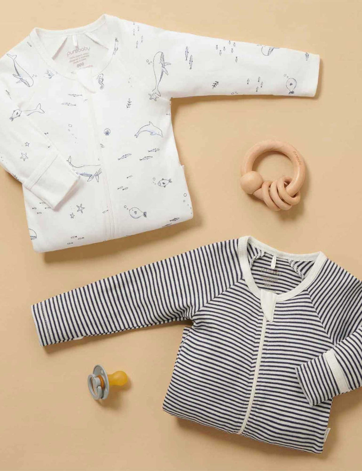 Purebaby 2 Pack Zip Growsuit - Vanilla Nautical, NB