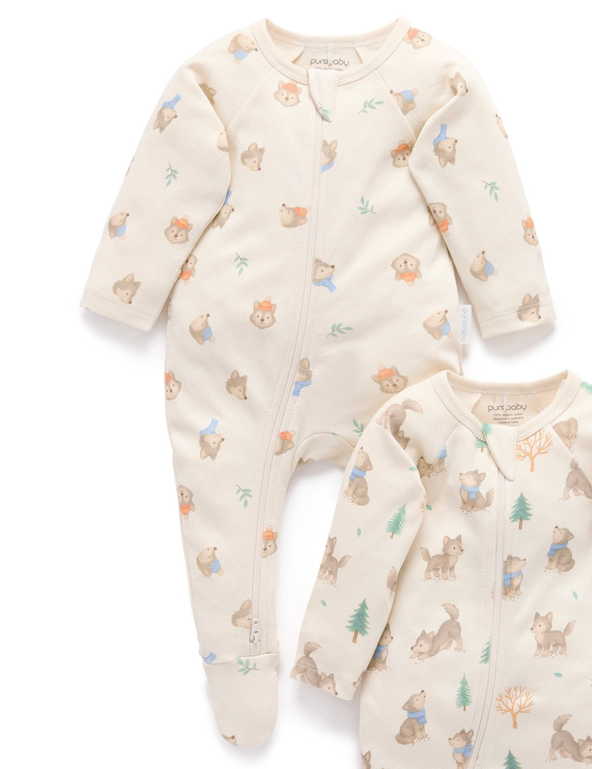 Purebaby 2 Pack Zip Growsuit - Wolf Cub Print, 0-3M