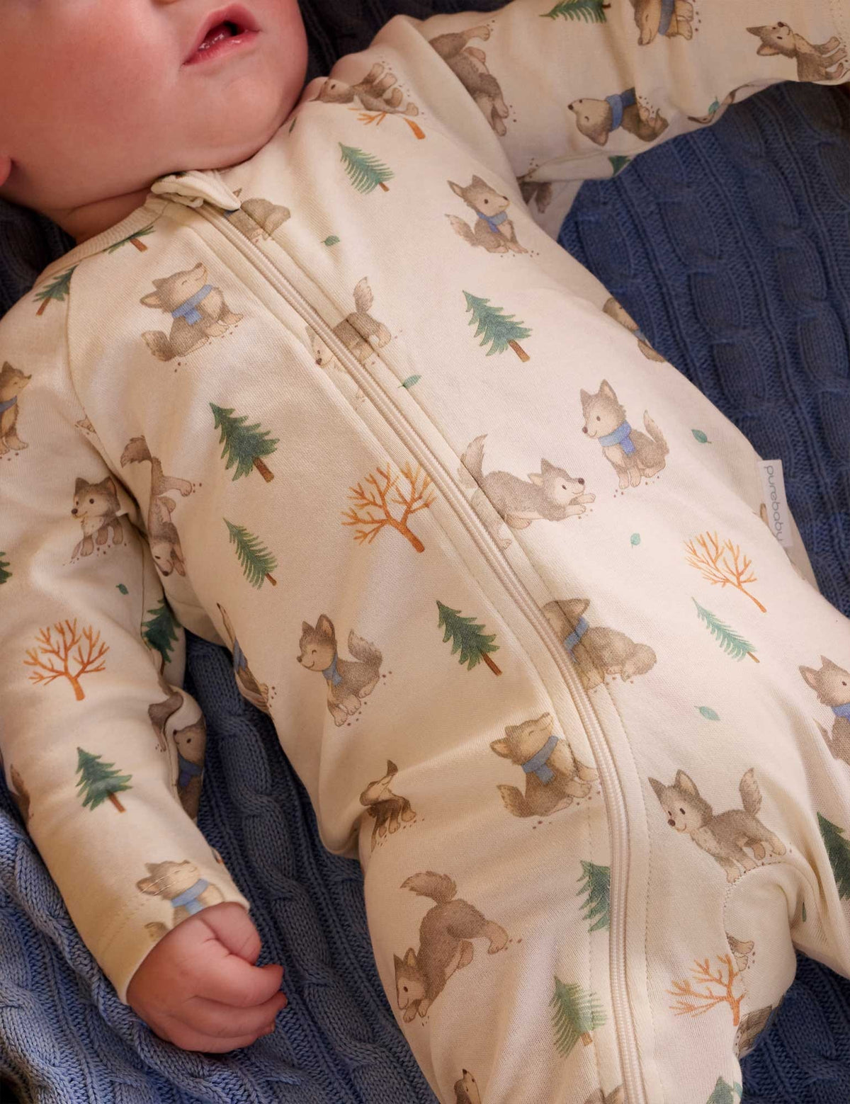Purebaby 2 Pack Zip Growsuit - Wolf Cub Print, 0-3M