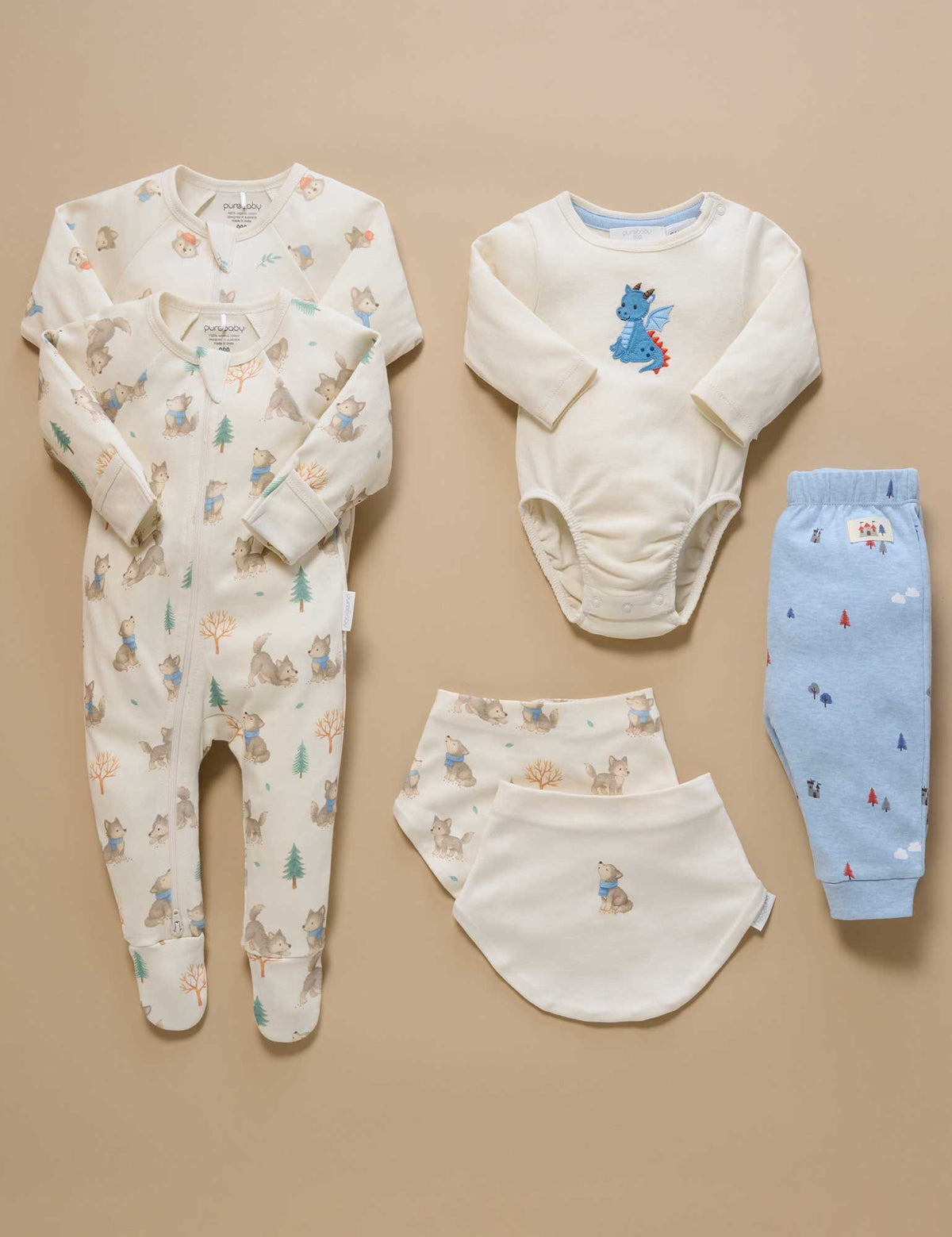 Purebaby 2 Pack Zip Growsuit - Wolf Cub Print, 0-3M