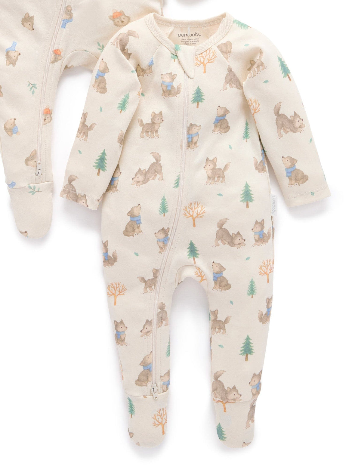 Purebaby 2 Pack Zip Growsuit - Wolf Cub Print, 0-3M