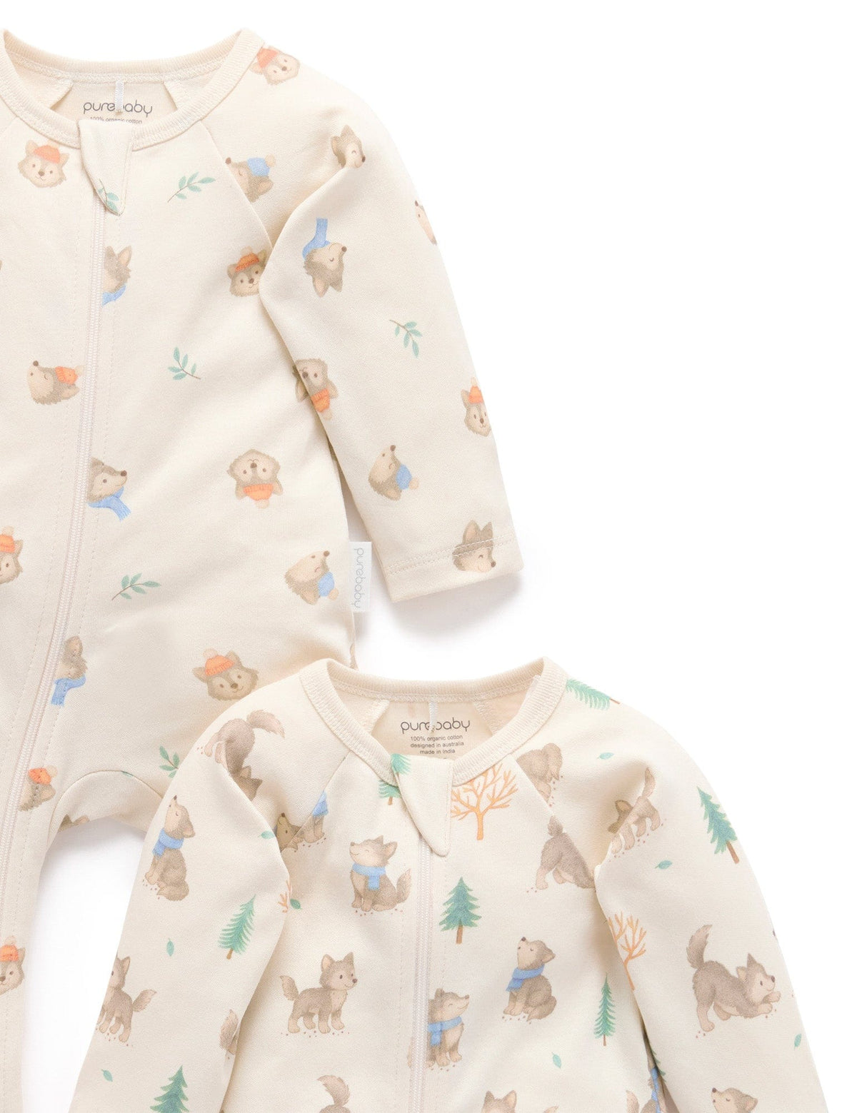 Purebaby 2 Pack Zip Growsuit - Wolf Cub Print, NB
