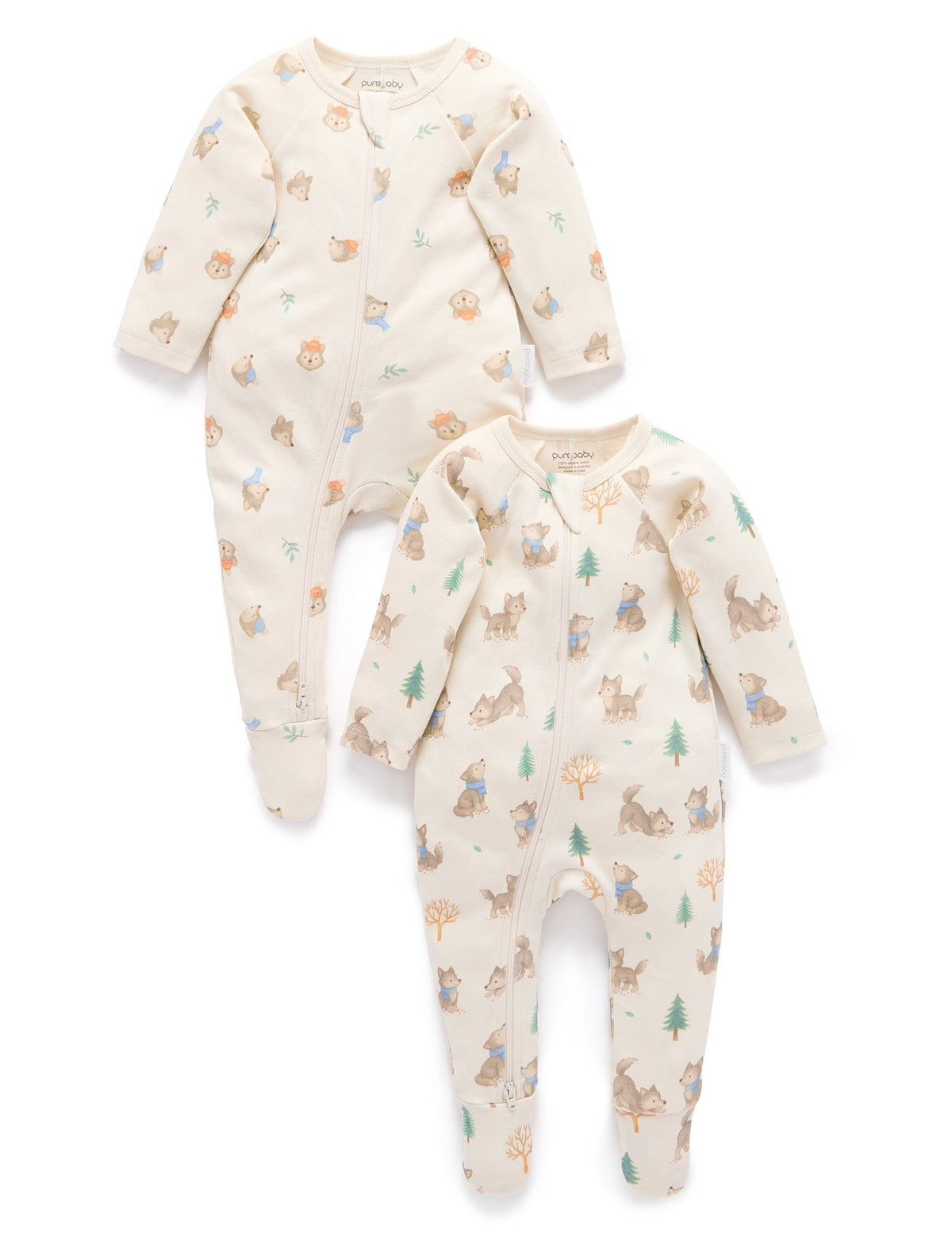 Purebaby 2 Pack Zip Growsuit - Wolf Cub Print, NB
