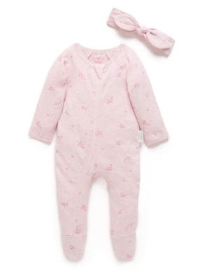 Purebaby Zip Growsuit & Headband Set - Pale Pink Blossom, 0-3M